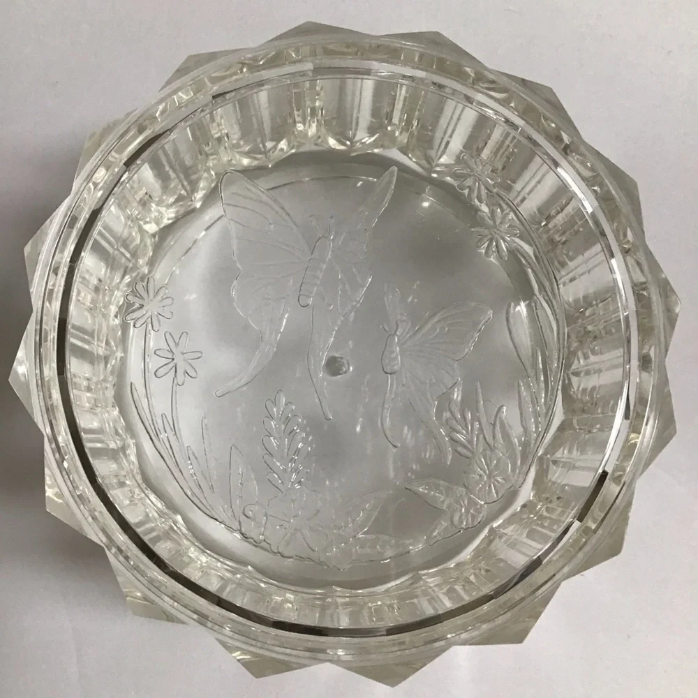 Lucite Acrylic Jewelry Box w/Lid Etched Butterfly Floral 70’s Boho Diamond Edge